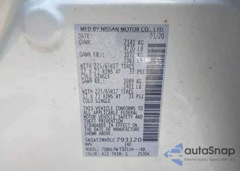 2020 Nissan Rogue S Intelligent Awd из США, поврежденный, VIN 5N1AT2MV0LC793120